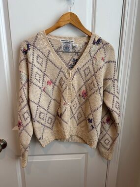 Vintage Cape Isle Knitters Cardigan Sweater Floral Embroidered Cottagecore Sz M
